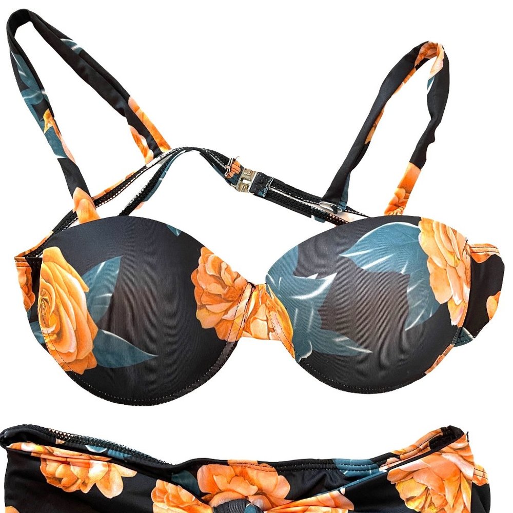 Luxyville black floral high waist 2 piece bikini swimsuit women's size L - Picture 7 of 14
